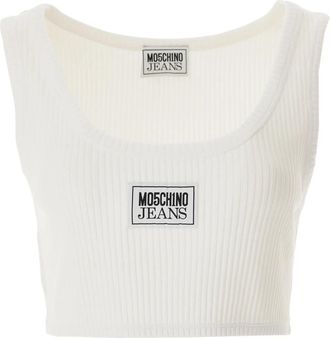 Moschino Geribbelde Crop Top met Logo Patch - Dames - Tops zonder mouwen - Wit - L - Katoen - Tops