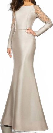 Terani Couture Long-Sleeve Mermaid Sheath Evening Gown In Taupe