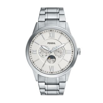 Fossil Mens Flynn 48mm Multifunction Silver-Tone Bracelet Watch