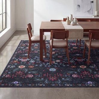 Jonathan Y Designs Primrose Art Nouveau Floral Border Non-Slip Machine-Washable Area Rug in Dark Green/multi at Nordstrom, Size 4Ft 0In X 6Ft 0In