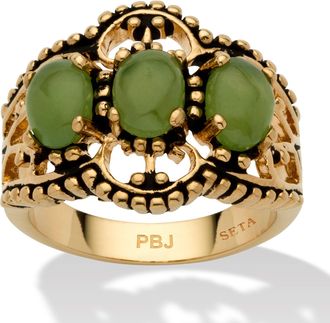 Palm Beach Jewelry Genuine Green Jade Gold-Plated Antique-Finish Triple-Stone Filigree Ring