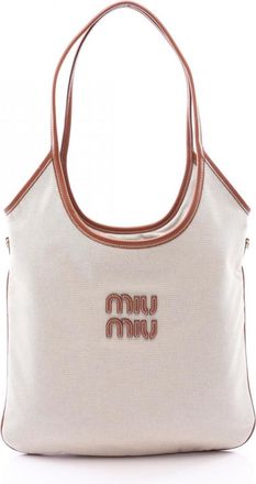 Miu Miu Brown Ivory Canvas Leather Handbag Tote Bag (Pre-Owned)