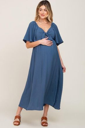 Pinkblush Textured Dot Front Tie Ruffle Sleeve Midi Dress in Navy Blue at Nordstrom, Size Small