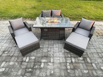 Fimous 6 Seater Rattan Garden Furniture Set Outdoor Lounge Sofa Chair Gas Fire Pit Dining Table Set With 2 Big Footstool Double Seat Sofa Armchiar