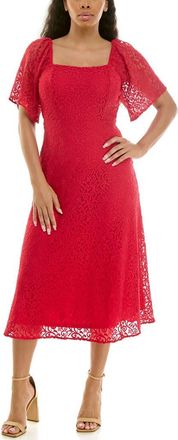 Nina Leonard Flutter Sleeve Lace MIdi Dress in Cherry at Nordstrom Rack, Size X-Large