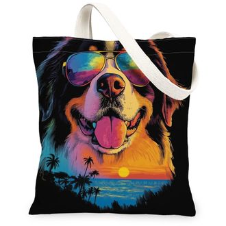 Generic Summer Bernese Mountain Dog Canvas Tote Bag for Shopping 13x15, Cool Beach Coastal Puppy Reusable Grocery Print Pattern Bag for Women, Retro Pet Beach