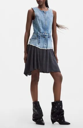Desigual Belted Mixed Media Dress in Dark Blue at Nordstrom, Size X-Small