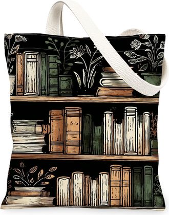 Generic Vintage Floral Canvas Tote Bags, Decorative Books Pattern Reusable Grocery Bags, Lightweight Washable Shoulder Strap Canvas, Black, 13x15 Inch