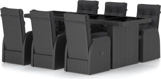 vidaXL 7 Piece Garden Dining Set with Cushions Black Poly Rattan Vidaxl