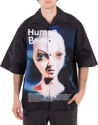 GCDS Human Being Printed Poplin Shirt, Size Medium