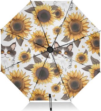 Alaza Umbrellas for Rain Sun Outdoor, Automatic Folding Umbrella Windproof Strong, Large Anti-UV Compact Umbrella Black Outside Cute Cat Face and Sunflower 