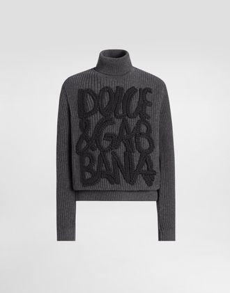 Dolce & Gabbana Wool Turtleneck With Embroidery - Man Sweaters And Cardigans Gray 46