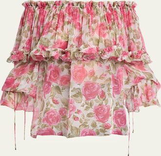 Chlo&eacute; Floral Silk Off-The-Shoulder Ruffle Top