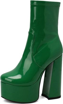 Generic Womens Patent Leather Ankle Boots with Chunky Heel & Side Zipper, Fall and Winter Style,Green,1.5 UK