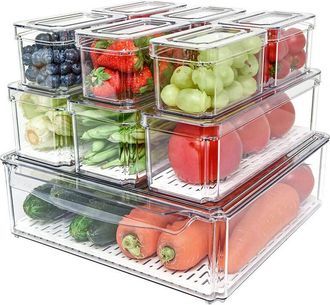 OEM Juego De 10 Recipientes Para Refrigerador, Apilables Con Tapas, Transparentes Para Almacenar Y Organizar Frutas Y Verduras En La Cocina