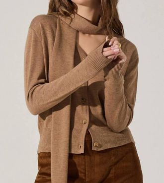 Astr Glynne V-Neck Scarf Cardigan Sweater In Beige