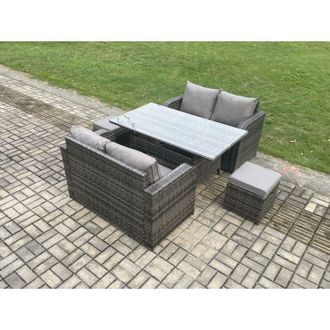 Fimous Patio Rattan Garden Furniture Set with Oblong Rectangular Dining Table 2 Small Footstools 6 Seater Outdoor Loveseat Sofa Set Dark Grey Mixed - Fimous