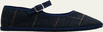 Vibi Venezia Mary Jane Plaid Herringbone Wool-Blend Flats