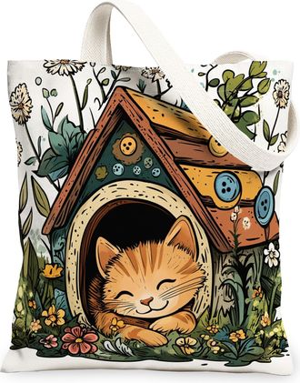 Generic Spring Abyssinian Cat Canvas Tote Bag for Shopping 13x15, Fun Flower Kitten House Reusable Grocery Print Pattern Bag for Women, Cute Pet Beach Aesthet