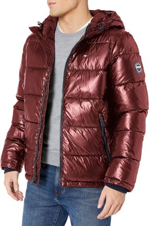 Tommy Hilfiger Mens Hooded Puffer Jacket (Standard and Big & Tall) Down Alternative Coat, Pearlized Red, L