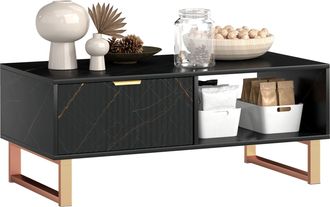 HOMCOM Coffee Table - Living Room Table with Drawer and Open Shelves - Black | TJ Hughes