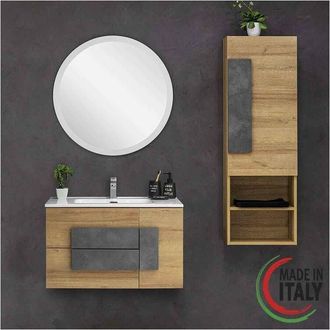 Feridras Feridras - Mobile Bagno Sospeso Moderno Legno Rovere 100x47 cm Completo di Specchio Tondo