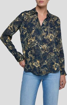 L'agence Nina Zodiac Toile Print Silk Button-Up Shirt in Midnight/Gold Zodiac Toile at Nordstrom, Size Xx-Large