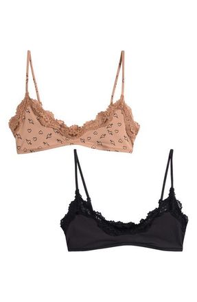 SKIMS Fits Everybody Assorted 2-Pack Lace Bralettes in Onyx And Sketched Hearts at Nordstrom, Size X-Small