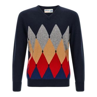 Ballantyne Classic Diamond V Neck Pullover - Heren - V-hals truien - Blauw - M - Kasjmier - Truien & Vesten