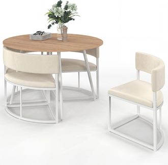 IDMarket Set Composto Da Tavolo E 4 Sedie Incastrabili Milene In Metallo Bianco, Con Piano Effetto Faggio E Rivestimento In Velluto Beige
