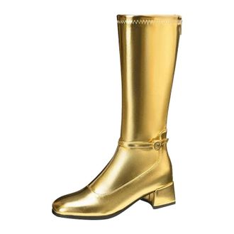 Generic Womens Stylish Knee High Boots Round Toe Medium Block Heel With Functional Side Zipper And A Decorative Belt Clasp