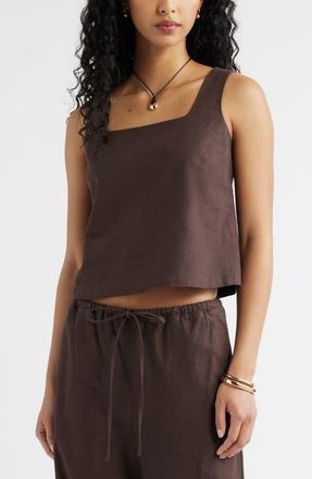 Open Edit Square Neck Sleeveless Linen Blend Top in Brown Seal at Nordstrom, Size Xx-Small