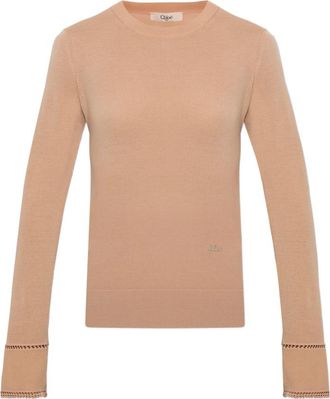 Chlo&eacute; Wol trui met geborduurd logo - Dames - Ronde hals truien - Beige - M - Wol - Truien & Vesten