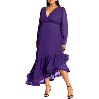 City Chic Antoinette Long Sleeve Asymmetric Midi Dress in Royal Purple at Nordstrom Rack, Size L/20W