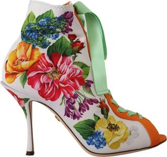 Dolce & Gabbana Womens Floral Print Booties La9805 - White - Size 37.5 EU/IT