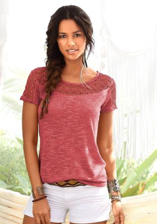 Vivance Kurzarmshirt VIVANCE mit weicher H&auml;kelspitze, Damen, Gr. 36/38, rosa (kupfer), Obermaterial: 90% Polyester, 10% Leinen. Spitze: 100% Baumwolle, melier