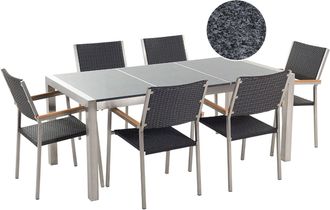 Beliani Set Da Giardino Tavolo Con Piano Granito Nero 6 Sedie Rattan 180 X 90 Cm Grosseto