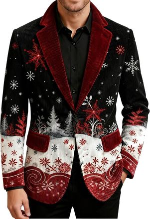 Generic Mens Christmas Blazer Corduroy Jacket Ugly Christmas Blazer Jackets Xmas Festive Costume Slim Fit Single-Breasted Suit Jacket Novelty Xmas Tuxedo Holi