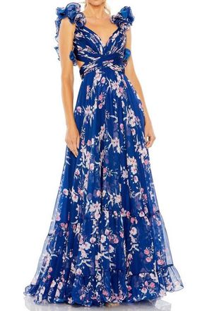 Mac Duggal Ruffle Tiered Floral Cut-Out Chiffon Gown in Blue Multi at Nordstrom, Size 0