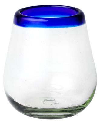 10 Strawberry Street Set Of 6 Cobalt Rim Stemless Wine Handblown Mexican Glasses