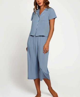 iCollection Short Sleeve Shirt & Wide-Leg Pants Pajama Set in Blue at Nordstrom, Size X-Small