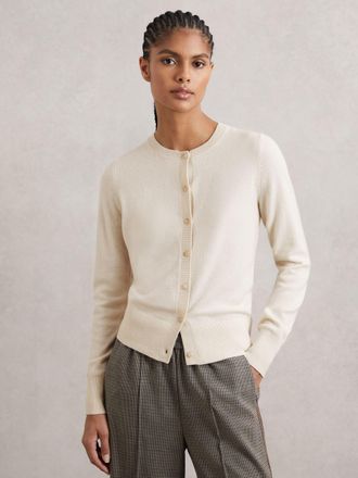 Reiss Cream Wool-blend Crew-neck Cardigan With Cashmere, XS