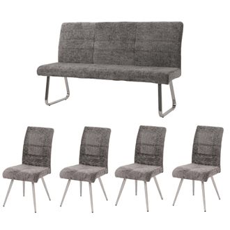 Hhg Hhg - Nunca Usado] Juego De Comedor 102, Juego De 4 Sillas + Banco 160cm, Acero Inoxidable Cepillado Tela/textil Chenilla, Gris Oscuro