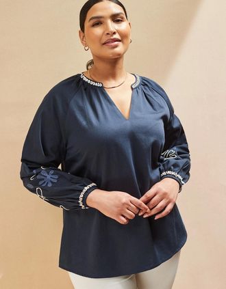 Live Unlimited London Womens Navy Embroidered Blouse With Contrast Stitch Detail - Blue - Size: 28