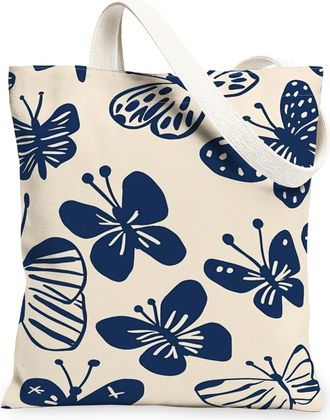 Generic Butterfly Canvas Tote Bags, Elegant Insect Print Reusable Grocery Bags, Spring Floral Lightweight Washable Shoulder Strap C, Beige, 13x15 Inch