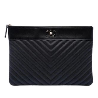 Chanel Pre-owned Quilted Caviar Leather Clutch - Dames - Pre-owned - Zwart - Maat: ONE Size Leer