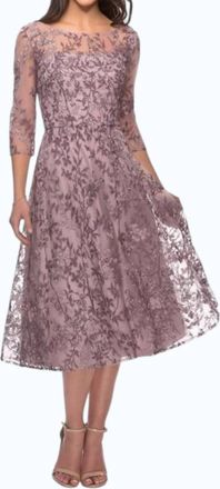 La Femme Embroidered Floral Midi Dress In Dusty Lilac