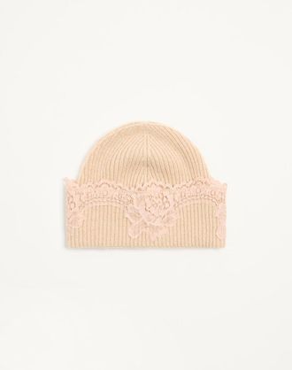 Valentino Garavani Cappello Beanie VLogo Signature In Cachemire E Pizzo Donna ALABASTER L/X
