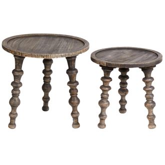Beliani Beliani - Conjunto De 2 Mesas Auxiliares Tradicionales Redondas Sala De Estar Mango Oscuro Marnoo