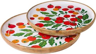 Two's Company Set Of 2 Garden Harvest Hand-Crafted Wooden Round Trays With Enamel